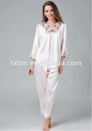 100%mulberry silk pajamas for lady, fashion lace embroidery silk nightgown, soft and smooth silk sleepwear