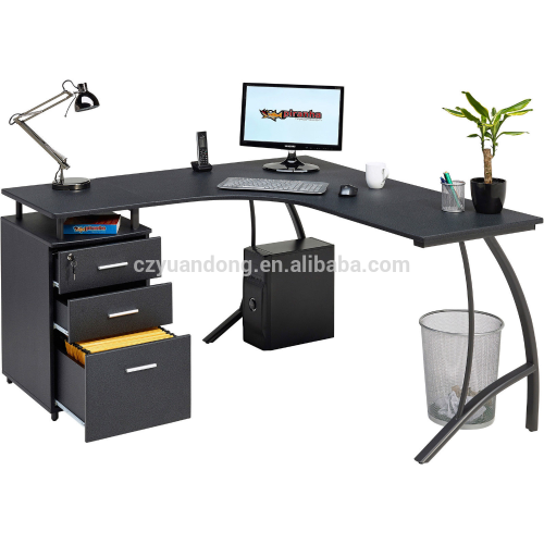 MDF wood L shape Corner Computer Desk with three drawers