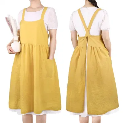 Cotton Women Pockets Cross Back Cute Pinafore Smock Cooking Gardening Apron
