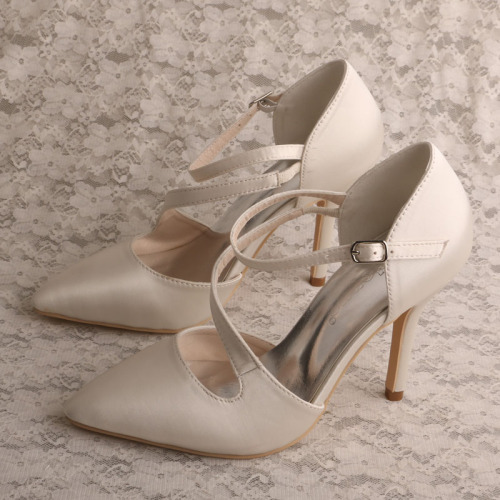 Ivory Satin Black Pointed High Heel Bröllopsfest Skor