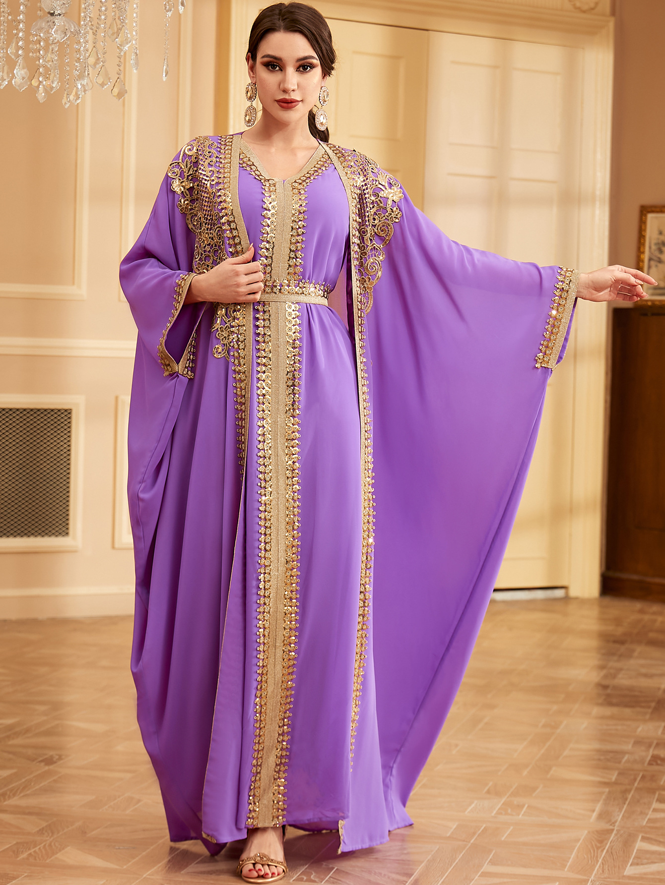 Purple Sequin Embroidered Two Piece Abaya Detail