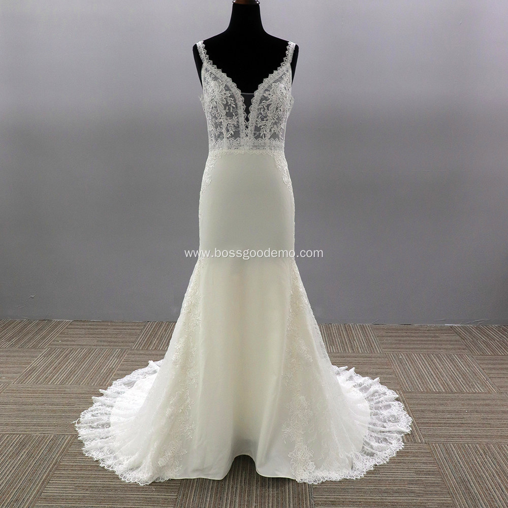 Customized Beading Crystal Long Mermaid vneck wedding dress luxury