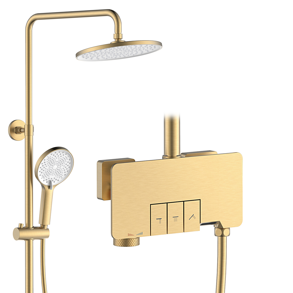 Luxury Gold Bath Tap Temperature Control Hot And Cold Exposed Brass Rain Shower Mixer Faucet