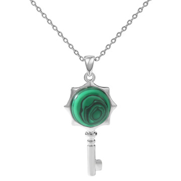 Malachite Round Cabs Silver Alloy Key Pendant Necklace Choker Jewelry