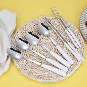High Quality Stainless Steel Modern Knife, Dessert Fork, and Spoon with White Ceramic Handles - Western Cutlery Set