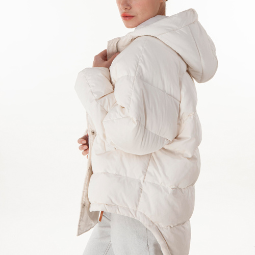 White hooded medium down jacket