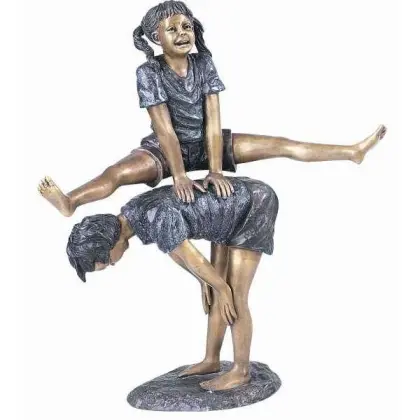 bronze two kids playing leapfrog statue for sale