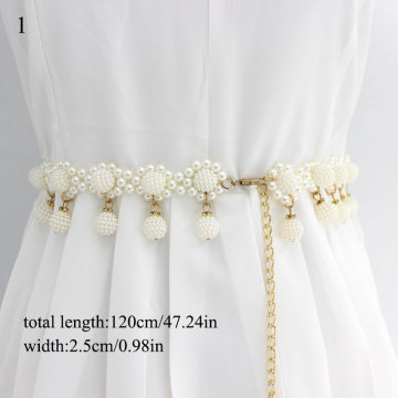 120cm Long Thin Belt Waistband Pearl Decorative Metal Dress Decorative Waist Belt Women Elegant Waist Chain Beaded Hook Belts
