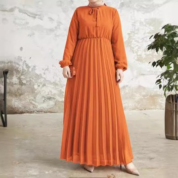 Elegant Solid Color Chiffon Long Dress - Women's Middle Eastern Muslim Fashion OEM