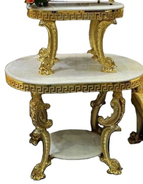 Elegant Retro Natural Marble Coffee Table with Golden Copper Accents