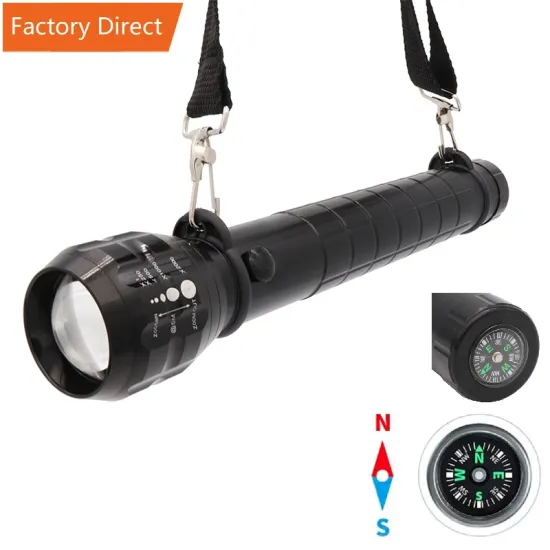 High Power 3W LED Torch: Heavy Duty Rechargeable Flashlight with Zoom, Compass, and Nylon Strap