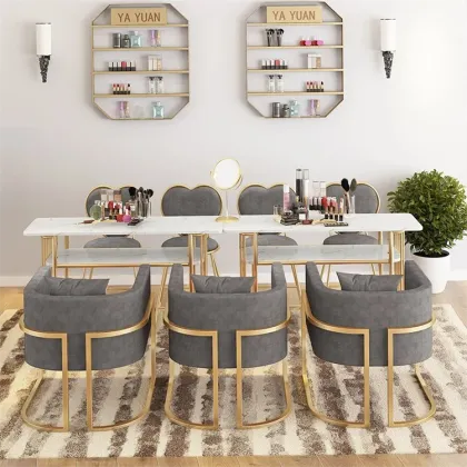 Metal Nail Salon Furniture Set: Tables, Chairs, Vanity, Makeup, Manicure, and Nail Tables