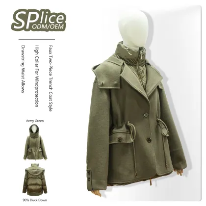 Luxury Designed Lady Woolen Stitched Puffer Jacket with Big Hood and Turn-down Collar
