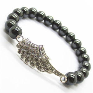 Hematite 8MM perles rondes Stretch Gemstone Bracelet avec Diamante alliage Wing pièce