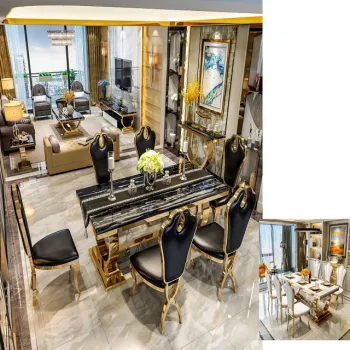 Modern Dining Set: Velvet Chairs with Stainless Steel Legs & Antique Table