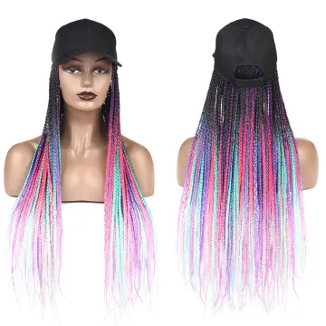 Heat Resistant Fiber Synthetic Wig Hat Baseball Cap with 24inch Long Box Braids Hair Ombre Braid Wig for Black Women Blue Grey