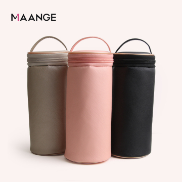 PU Leather Cylindrical Makeup Organizer Bag with Handle