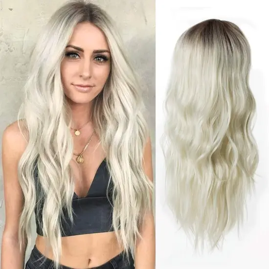 Long Blonde Wig For Women, Elegant Platinum Blonde Color Ombre Hair Wig, 26-inch Of Pure Premium Synthetic Hair Long Wavy Wigs