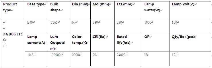 High Light Efficiency High Pressure Sodium Lamp 1000W