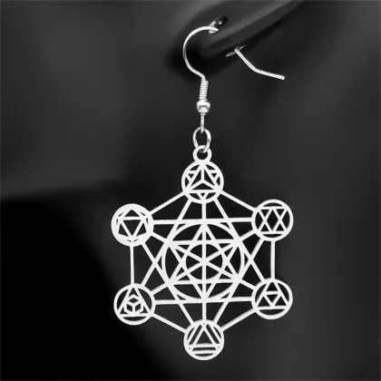 Stainless Steel Silver Metatron Cube Earrings with Star of David