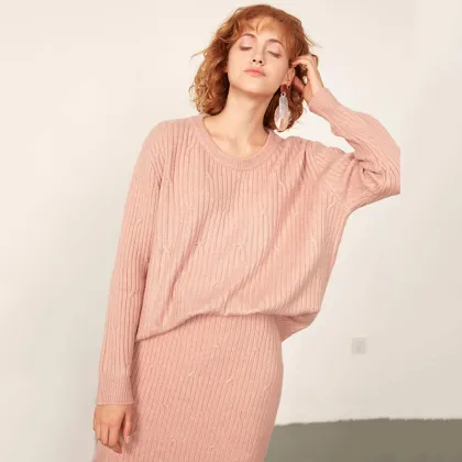 Luxury Pink Thick Fleece Knitted Women's Sweater and Skirt Set