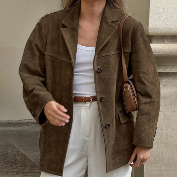 2024 Φθινόπωρο Brown Lapel Jacket: Γυναικείο ενιαίο στήθος σουέτ