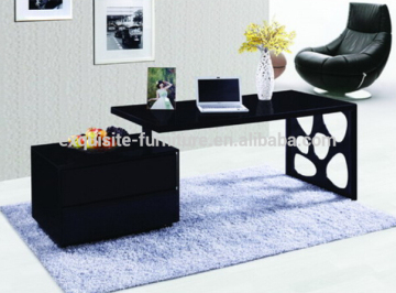 Modern black high gloss carved office computer desk with drawers