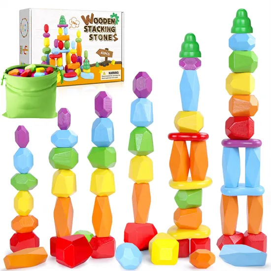 Rainbow Wood Sorting Montessori Educational Building Set: 34PCs Stacking Rocks & Balancing Stacking Stones Wooden Toys
