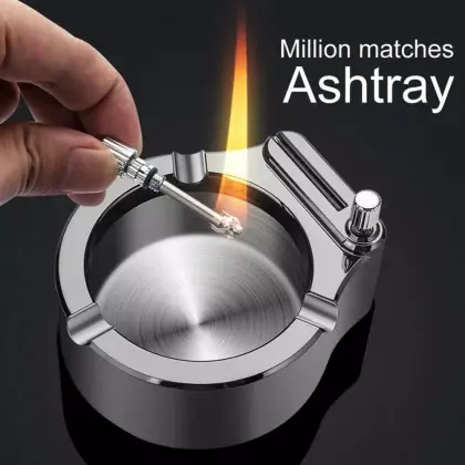 Retro Metal Ashtray with Ten Thousand Match Lighter - Smokeless Storage Holder