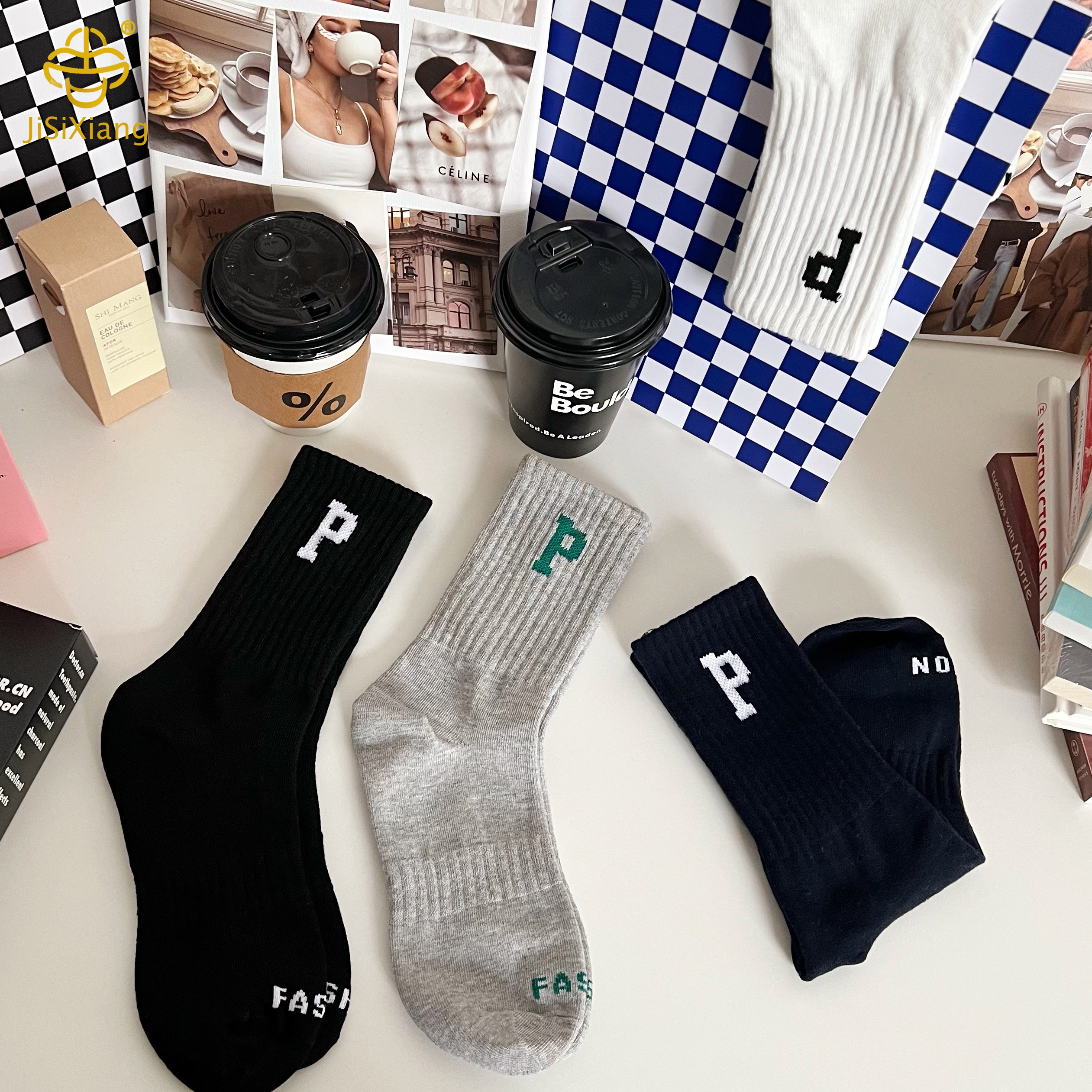 Women's p letter embroidered socks tube socks