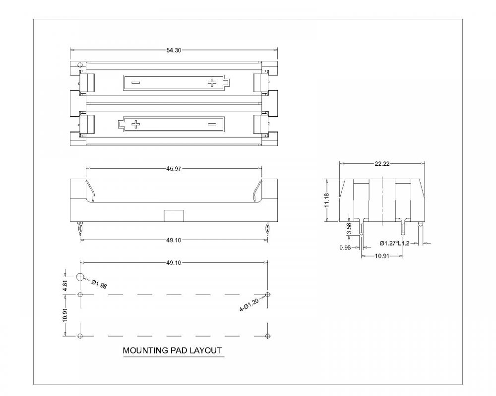 THM Plastfack/kammare Polariserade PCB -hållare för AAA -cylindriska batterier