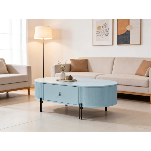 Mesa de centro oval azul elegante com armazenamento inteligente