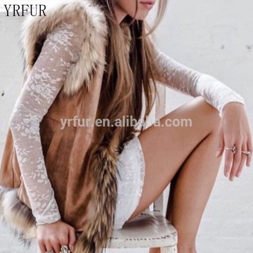 YR098 Pig Suede with Raccoon Fur Trimming Vest Fur and Leather Vest