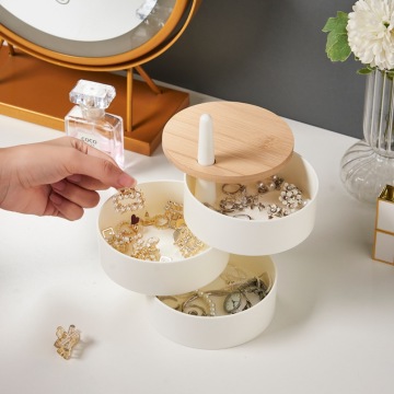 Portable Bamboo Lid Jewelry Box with Rotating Feature for Earrings and Necklaces