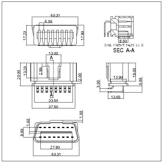 OBD-A-16-G0-A-X-X-PG002 OBD 16P Male Angle Reverse 12V Type 13.9mm