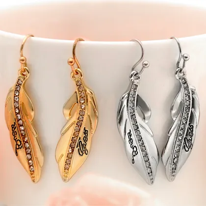 Rhinestone Alloy Feather Earrings With Words Silver Earrings
