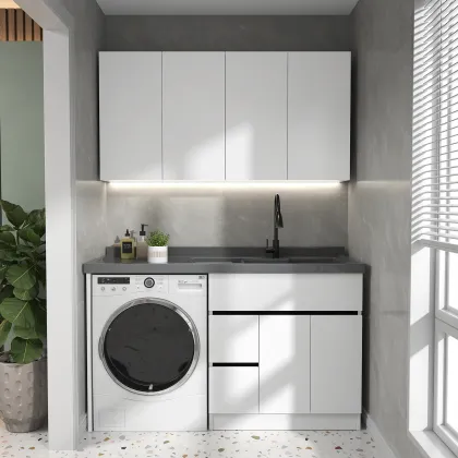 Integrated Solid Wood Washing Cabinet with Basin and Cylinder Washing Machine