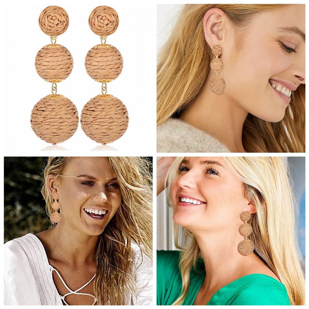 Pendientes de rafia Pendientes para mujeres Rattan hechas a mano Dang Drop de verano Playa de verano Joyas largas Accesorio de accesorios de vacaciones