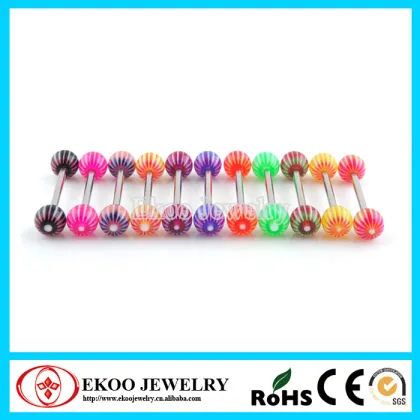 Steel Barbell with Acrylic Bull's Eye UV Balls Beautiful Tongue Ring