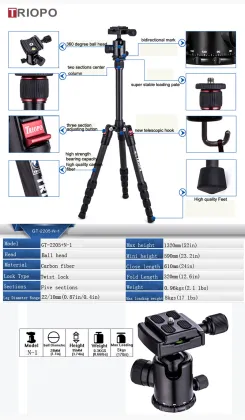 TRIOPO GT-2205+N-1 protable camera tripod kit ,marco tripod and camera tripod