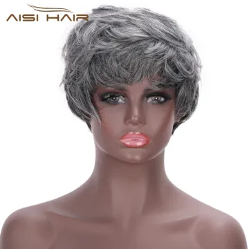 Aisi Hair Synthetic Ombre Grey Hair Bob Style Short Wigs for Women Black Cosplay Short Wigs with Neat Bangs