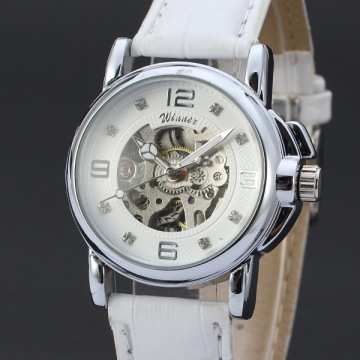 casual style mechanical watch with diamond master dial white leather band