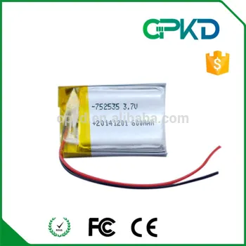 prismatic li-ion battery rechargeable lipo battery 3.7V 752535 600mAh