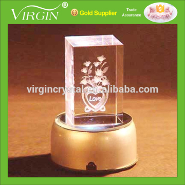 Wholesale 3d laser engraving crystal cube/block with adapter or batteries powered LED base for gifts