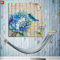 Blue Bouquet Wood Art Chat Flowers Burung lukisan minyak