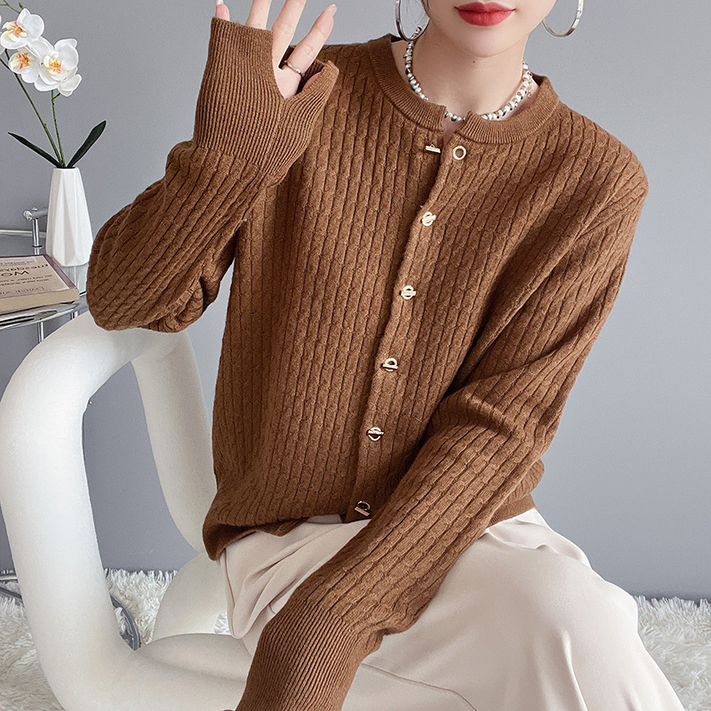 Frauen Crewneck Long Sleeve Button Strickjacke