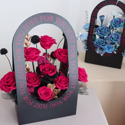 Mom's Pink Forever Rose Flower Basket - Natural Preserved Rose Gift