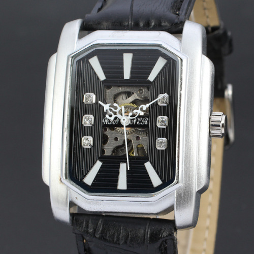winner rectangle business style watch with visible mechanism