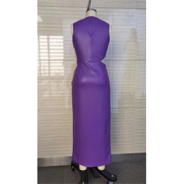 Ladies Sleeveless Sexy Slim Split Purple PU Dress