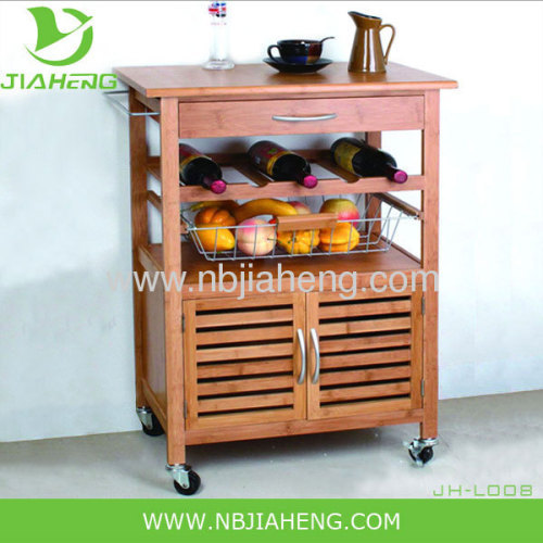 Bambu e carrinho de Metal cozinha com armário de armazenamento grande e cremalheira do vinho